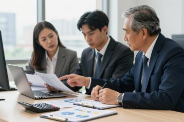 A professional office desk setting featuring a diverse group of three individuals in business attire engaged in a discussion about pain management treatment costs. In the foreground, a calculator and a notepad filled with charts and numbers related to expenses. The middle section showcases the three individuals: a middle-aged woman reviewing documents, a young man pointing to a cost breakdown on a laptop screen, and an older man taking notes. In the background, a large window casting soft, natural light into the room, with a cityscape view. The atmosphere should convey seriousness and professionalism, emphasizing collaboration and analysis. The lens should simulate a slight depth of field, focusing on the discussions while softly blurring the background elements.